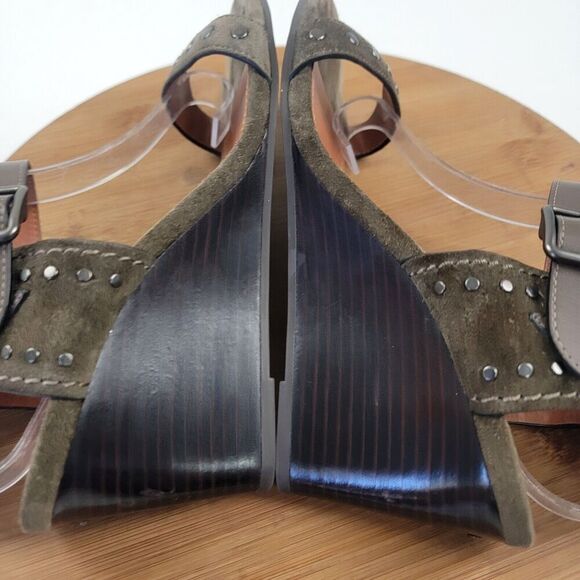 Coach Odessa Leather Suede Wedge 8.5 B Olive Green Buckle 2 Strap Heels - Picture 11 of 16